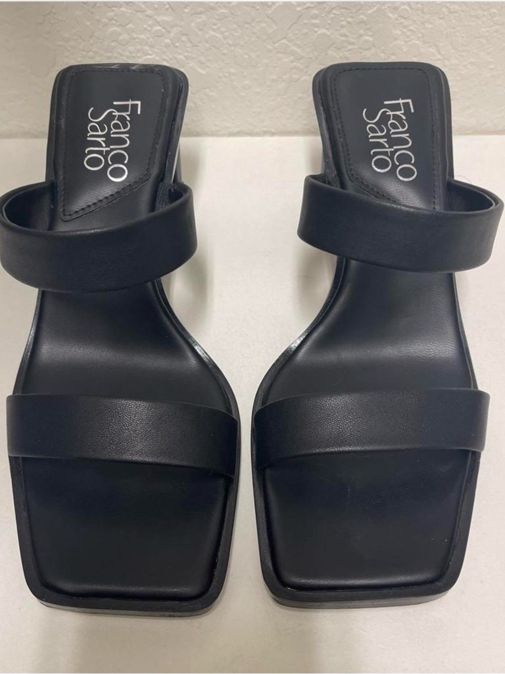Franco Sarto Black Double Band Square-Toe Slides